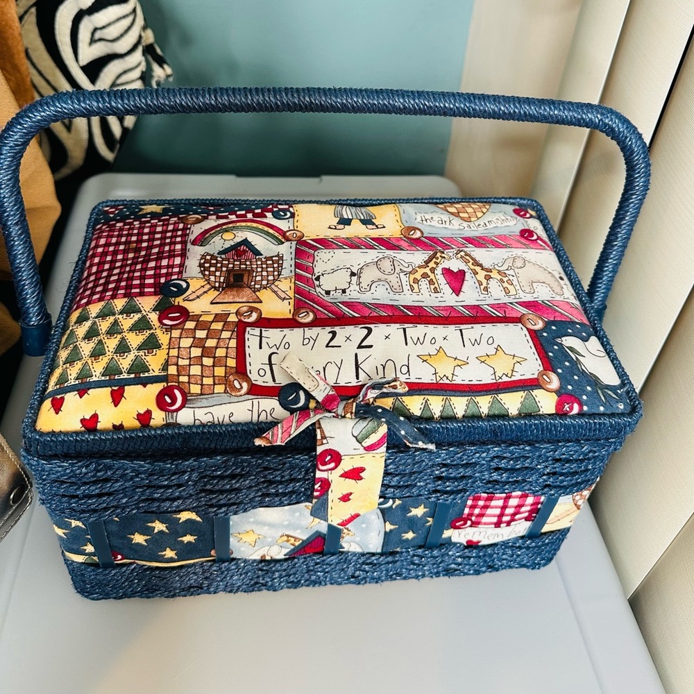 Vintage Blue Wicker Sewing Basket Noah’s Arc Fabric Lid Patchwork Design